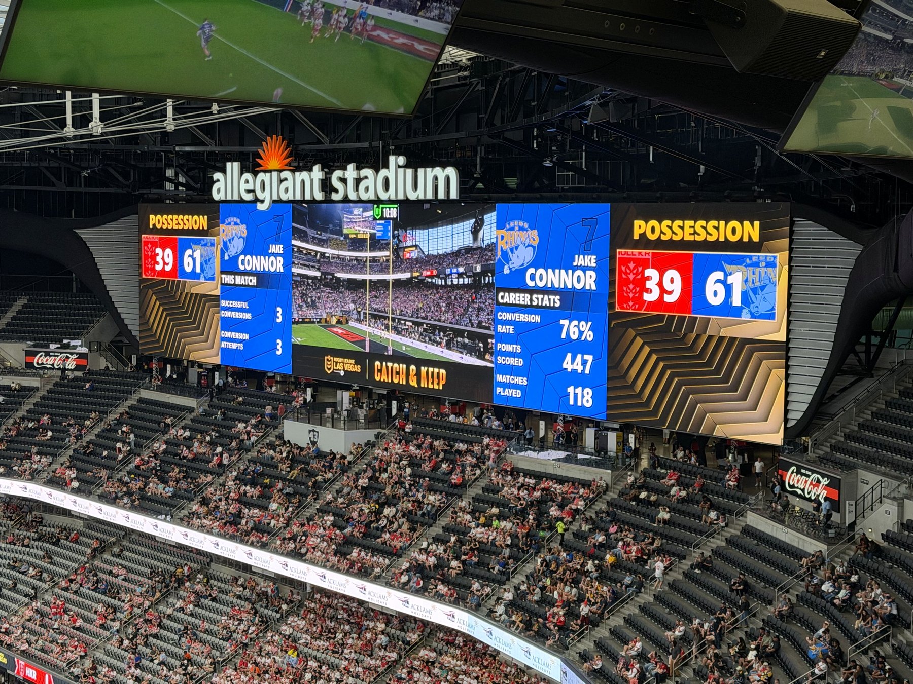 NRL match stats on the video board at Allegiant Stadium, Las Vegas