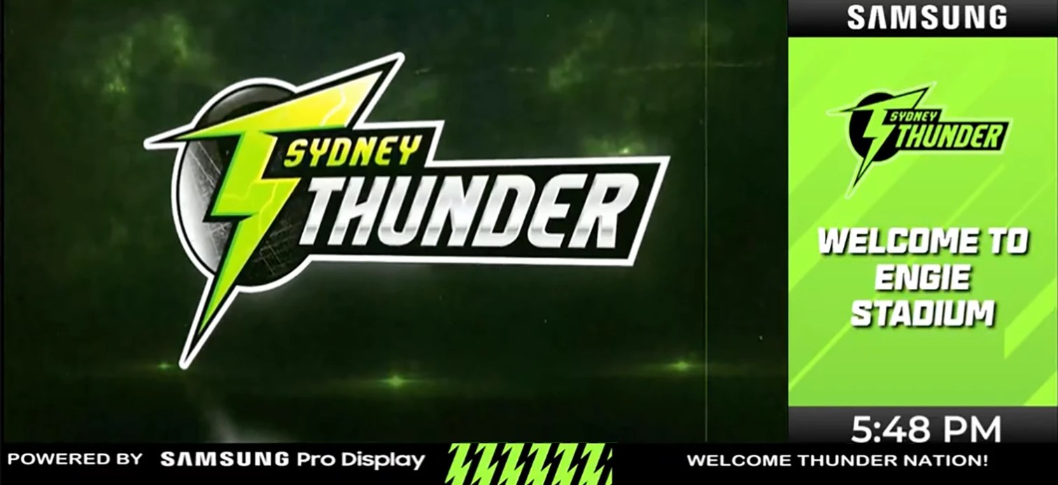 ENGIE Stadium W/BBL screen layout: Sydney Thunder graphic in the program window, side bar on the right, strap along the bottom.